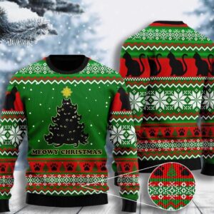 Black Cat Meowy Christmas Tree Ugly Christmas Sweater Product Photo 1