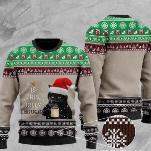 Christmas Black Cat With Coffee Is This Jolly Enough Ugly Christmas Sweater Product Photo 1